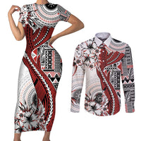 Bula Fiji Couples Matching Short Sleeve Bodycon Dress and Long Sleeve Button Shirt Shark Tail White Masi Tapa LT7 White - Polynesian Pride