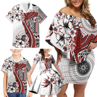 Bula Fiji Family Matching Off Shoulder Short Dress and Hawaiian Shirt Shark Tail White Masi Tapa LT7 - Polynesian Pride