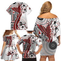 Bula Fiji Family Matching Off Shoulder Short Dress and Hawaiian Shirt Shark Tail White Masi Tapa LT7 - Polynesian Pride