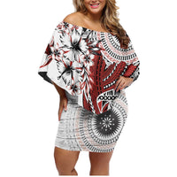 Bula Fiji Family Matching Off Shoulder Short Dress and Hawaiian Shirt Shark Tail White Masi Tapa LT7 Mom's Dress White - Polynesian Pride