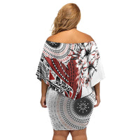 Bula Fiji Family Matching Off Shoulder Short Dress and Hawaiian Shirt Shark Tail White Masi Tapa LT7 - Polynesian Pride