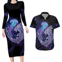 Polynesian Aumakua Couples Matching Long Sleeve Bodycon Dress and Hawaiian Shirt Jellyfish with Shark LT7 Teal Purple - Polynesian Pride