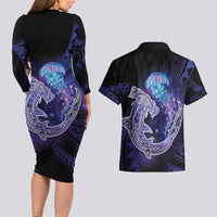 Polynesian Aumakua Couples Matching Long Sleeve Bodycon Dress and Hawaiian Shirt Jellyfish with Shark LT7 - Polynesian Pride