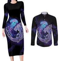 Polynesian Aumakua Couples Matching Long Sleeve Bodycon Dress and Long Sleeve Button Shirt Jellyfish with Shark LT7 Teal Purple - Polynesian Pride