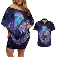 Polynesian Aumakua Couples Matching Off Shoulder Short Dress and Hawaiian Shirt Jellyfish with Shark LT7 Teal Purple - Polynesian Pride