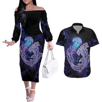 Polynesian Aumakua Couples Matching Off The Shoulder Long Sleeve Dress and Hawaiian Shirt Jellyfish with Shark LT7 Teal Purple - Polynesian Pride