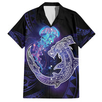 Polynesian Aumakua Family Matching Off The Shoulder Long Sleeve Dress and Hawaiian Shirt Jellyfish with Shark LT7 Dad's Shirt - Short Sleeve Teal Purple - Polynesian Pride