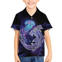 Polynesian Aumakua Family Matching Off The Shoulder Long Sleeve Dress and Hawaiian Shirt Jellyfish with Shark LT7 Son's Shirt Teal Purple - Polynesian Pride