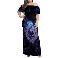 Polynesian Aumakua Family Matching Off Shoulder Maxi Dress and Hawaiian Shirt Jellyfish with Shark LT7 Mom's Dress Teal Purple - Polynesian Pride