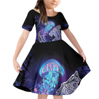 Polynesian Aumakua Family Matching Off Shoulder Short Dress and Hawaiian Shirt Jellyfish with Shark LT7 Daughter's Dress Teal Purple - Polynesian Pride
