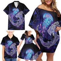 Polynesian Aumakua Family Matching Off Shoulder Short Dress and Hawaiian Shirt Jellyfish with Shark LT7 - Polynesian Pride