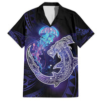 Polynesian Aumakua Family Matching Summer Maxi Dress and Hawaiian Shirt Jellyfish with Shark LT7 Dad's Shirt - Short Sleeve Teal Purple - Polynesian Pride