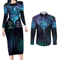 Aotearoa Maori Te Whai Rahi Couples Matching Long Sleeve Bodycon Dress and Long Sleeve Button Shirt Tala - Nowhere You Could Go That I Won't Be With You LT7 Teal Purple - Polynesian Pride