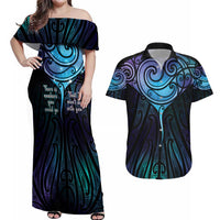 Aotearoa Maori Te Whai Rahi Couples Matching Off Shoulder Maxi Dress and Hawaiian Shirt Tala - Nowhere You Could Go That I Won't Be With You LT7 Teal Purple - Polynesian Pride