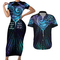 Aotearoa Maori Te Whai Rahi Couples Matching Short Sleeve Bodycon Dress and Hawaiian Shirt Tala - Nowhere You Could Go That I Won't Be With You LT7 Teal Purple - Polynesian Pride