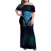 Aotearoa Maori Te Whai Rahi Family Matching Off Shoulder Maxi Dress and Hawaiian Shirt Tala - Nowhere You Could Go That I Won't Be With You LT7 Mom's Dress Teal Purple - Polynesian Pride