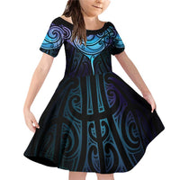 Aotearoa Maori Te Whai Rahi Family Matching Off Shoulder Short Dress and Hawaiian Shirt Tala - Nowhere You Could Go That I Won't Be With You LT7 Daughter's Dress Teal Purple - Polynesian Pride