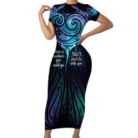 Aotearoa Maori Te Whai Rahi Short Sleeve Bodycon Dress Tala - Nowhere You Could Go That I Won't Be With You LT7 Long Dress Teal Purple - Polynesian Pride