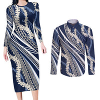 Polynesian Puakeniken Pikake Twisted Lei Couples Matching Long Sleeve Bodycon Dress and Long Sleeve Button Shirt Navy Blue LT7 Navy Blue - Polynesian Pride