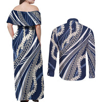 Polynesian Puakeniken Pikake Twisted Lei Couples Matching Off Shoulder Maxi Dress and Long Sleeve Button Shirt Navy Blue - Polynesian Pride