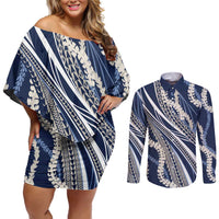 Polynesian Puakeniken Pikake Twisted Lei Couples Matching Off Shoulder Short Dress and Long Sleeve Button Shirt Navy Blue - Polynesian Pride