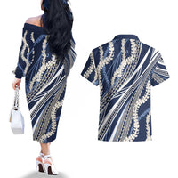 Polynesian Puakeniken Pikake Twisted Lei Couples Matching Off The Shoulder Long Sleeve Dress and Hawaiian Shirt Navy Blue LT7 - Polynesian Pride