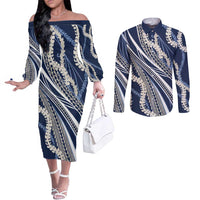 Polynesian Puakeniken Pikake Twisted Lei Couples Matching Off The Shoulder Long Sleeve Dress and Long Sleeve Button Shirt Navy Blue LT7 Navy Blue - Polynesian Pride