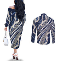 Polynesian Puakeniken Pikake Twisted Lei Couples Matching Off The Shoulder Long Sleeve Dress and Long Sleeve Button Shirt Navy Blue LT7 - Polynesian Pride