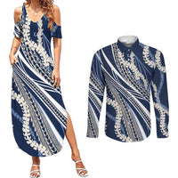 Polynesian Puakeniken Pikake Twisted Lei Couples Matching Summer Maxi Dress and Long Sleeve Button Shirt Navy Blue - Polynesian Pride