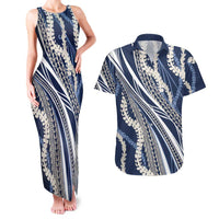 Polynesian Puakeniken Pikake Twisted Lei Couples Matching Tank Maxi Dress and Hawaiian Shirt Navy Blue LT7 Navy Blue - Polynesian Pride