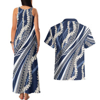 Polynesian Puakeniken Pikake Twisted Lei Couples Matching Tank Maxi Dress and Hawaiian Shirt Navy Blue LT7 - Polynesian Pride