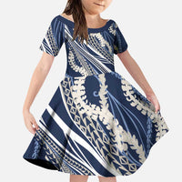Polynesian Puakeniken Pikake Twisted Lei Family Matching Off The Shoulder Long Sleeve Dress and Hawaiian Shirt Navy Blue LT7 Daughter's Dress Navy Blue - Polynesian Pride