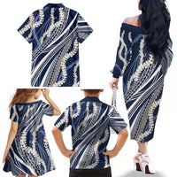 Polynesian Puakeniken Pikake Twisted Lei Family Matching Off The Shoulder Long Sleeve Dress and Hawaiian Shirt Navy Blue LT7 - Polynesian Pride