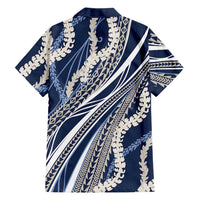 Polynesian Puakeniken Pikake Twisted Lei Family Matching Off The Shoulder Long Sleeve Dress and Hawaiian Shirt Navy Blue LT7 - Polynesian Pride
