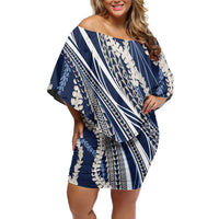 Polynesian Puakeniken Pikake Twisted Lei Family Matching Off Shoulder Short Dress and Hawaiian Shirt Navy Blue LT7 Mom's Dress Navy Blue - Polynesian Pride