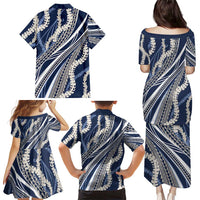 Polynesian Puakeniken Pikake Twisted Lei Family Matching Puletasi and Hawaiian Shirt Navy Blue LT7 - Polynesian Pride