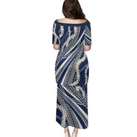 Polynesian Puakeniken Pikake Twisted Lei Family Matching Puletasi and Hawaiian Shirt Navy Blue LT7 - Polynesian Pride