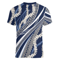 Polynesian Puakeniken Pikake Twisted Lei Women V-Neck T-Shirt Navy Blue - Polynesian Pride