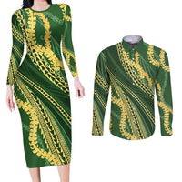 Polynesian Puakeniken Pikake Twisted Lei Couples Matching Long Sleeve Bodycon Dress and Long Sleeve Button Shirt Emerald LT7 Emerald - Polynesian Pride