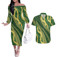 Polynesian Puakeniken Pikake Twisted Lei Couples Matching Off The Shoulder Long Sleeve Dress and Hawaiian Shirt Emerald LT7 Emerald - Polynesian Pride