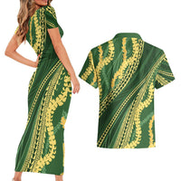 Polynesian Puakeniken Pikake Twisted Lei Couples Matching Short Sleeve Bodycon Dress and Hawaiian Shirt Emerald LT7 - Polynesian Pride