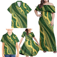Polynesian Puakeniken Pikake Twisted Lei Family Matching Off Shoulder Maxi Dress and Hawaiian Shirt Emerald LT7 - Polynesian Pride