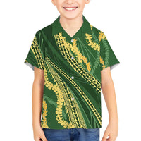 Polynesian Puakeniken Pikake Twisted Lei Family Matching Off Shoulder Short Dress and Hawaiian Shirt Emerald LT7 Son's Shirt Emerald - Polynesian Pride
