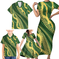 Polynesian Puakeniken Pikake Twisted Lei Family Matching Short Sleeve Bodycon Dress and Hawaiian Shirt Emerald LT7 - Polynesian Pride