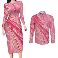 Polynesian Puakeniken Pikake Twisted Lei Couples Matching Long Sleeve Bodycon Dress and Long Sleeve Button Shirt Rose Pink LT7 Rose Pink - Polynesian Pride