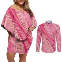 Polynesian Puakeniken Pikake Twisted Lei Couples Matching Off Shoulder Short Dress and Long Sleeve Button Shirt Rose Pink LT7 Rose Pink - Polynesian Pride