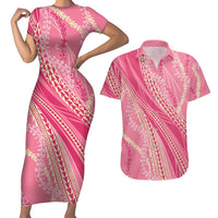 Polynesian Puakeniken Pikake Twisted Lei Couples Matching Short Sleeve Bodycon Dress and Hawaiian Shirt Rose Pink LT7 Rose Pink - Polynesian Pride