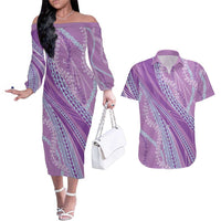 Polynesian Puakeniken Pikake Twisted Lei Couples Matching Off The Shoulder Long Sleeve Dress and Hawaiian Shirt Amethys LT7 Amethys - Polynesian Pride