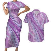 Polynesian Puakeniken Pikake Twisted Lei Couples Matching Short Sleeve Bodycon Dress and Hawaiian Shirt Amethys LT7 Amethys - Polynesian Pride