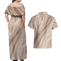 Polynesian Puakeniken Pikake Twisted Lei Couples Matching Off Shoulder Maxi Dress and Hawaiian Shirt Beige LT7 - Polynesian Pride